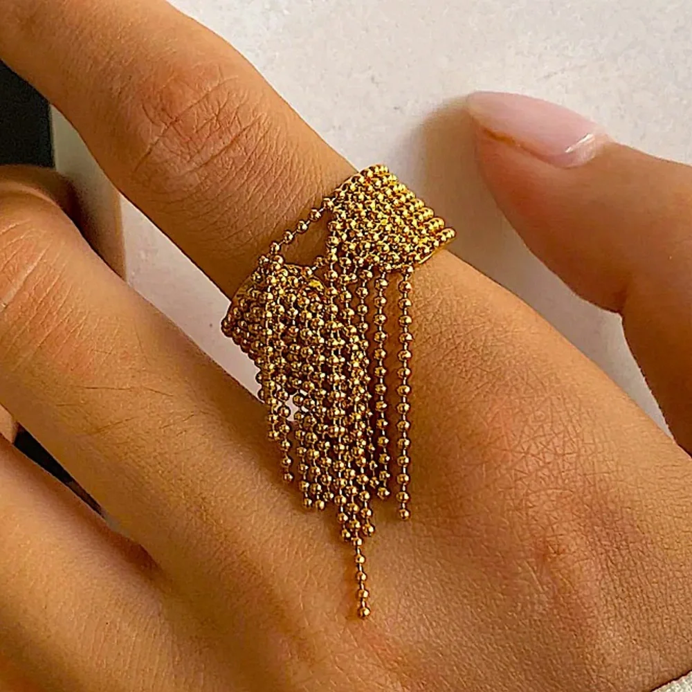 Stainless Steel Gold Plated Ring Fringe Tassel Tarnish Free Everyday Jewelry
